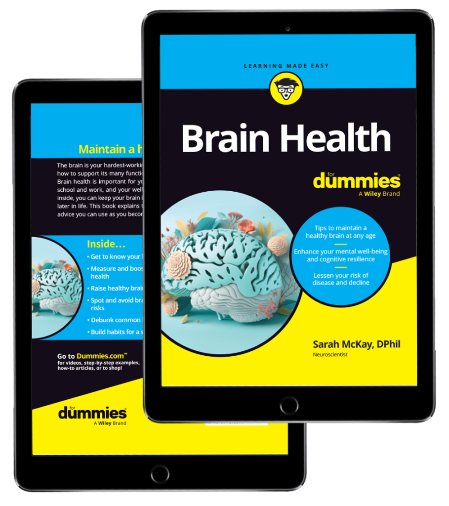 Cover and blurb of Dr Sarah McKay's book, Brain Health for Dummies, mocked up inside iPad frames. This is neuroscientist Dr Sarah McKay’s latest book, sharing straightforward advice for optimising brain health and wellbeing.